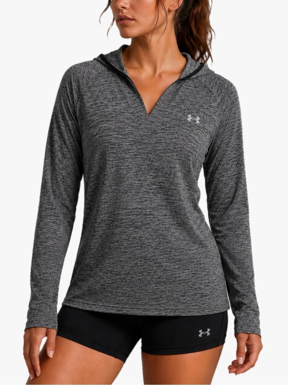 Under Armour HeatGear V Neck Hoodie Pullover Gray Athletic Performance Top XL